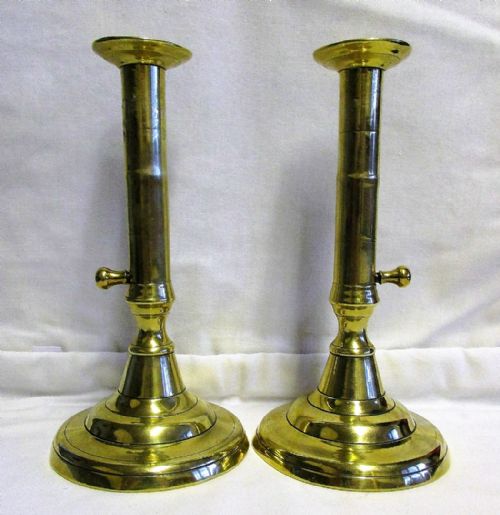 Pair of Antique English Georgian "Slide Ejector" Brass Candlesticks