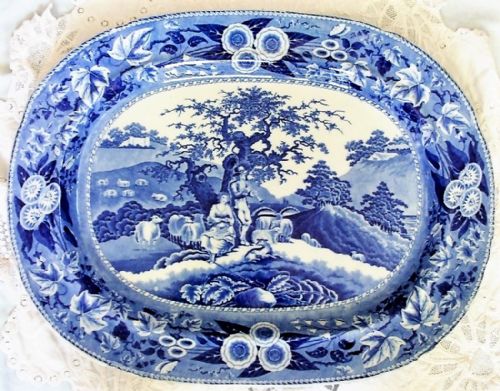 Georgian Blue and White Transfer "Piping Shepherd" Pottery Serving Dish / Platter
