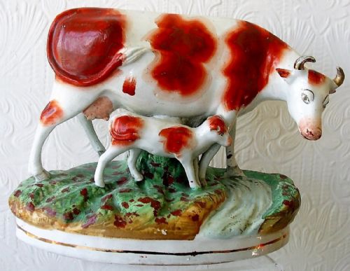 Antique English Victorian Staffordshire Pottery "Cow and Calf" Figure Group ~ H 4612