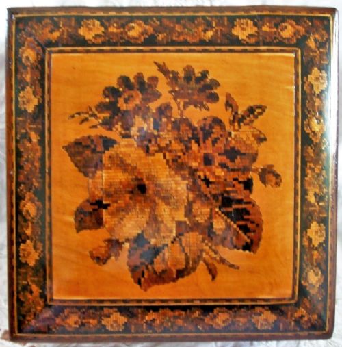 Antique English Victorian Tunbridge Ware Handkerchief Box