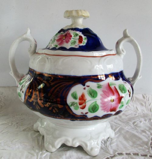 Antique Victorian Gaudy Welsh "Columbine" Pattern Sucrier and Cover