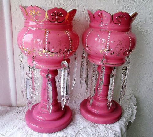 Pair of Antique English Victorian Pink Glass Lustres