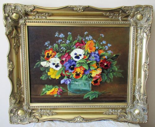 Pansies and Forget-me-nots ~ Oil Painting on Canvas ~ Reginald Johnson ~ c.1992