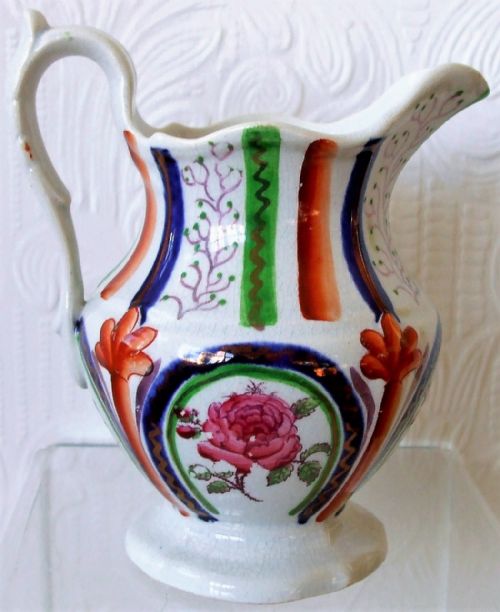 Antique Victorian Gaudy Welsh "Pink Rose and Stripe" Pattern Pottery Jug