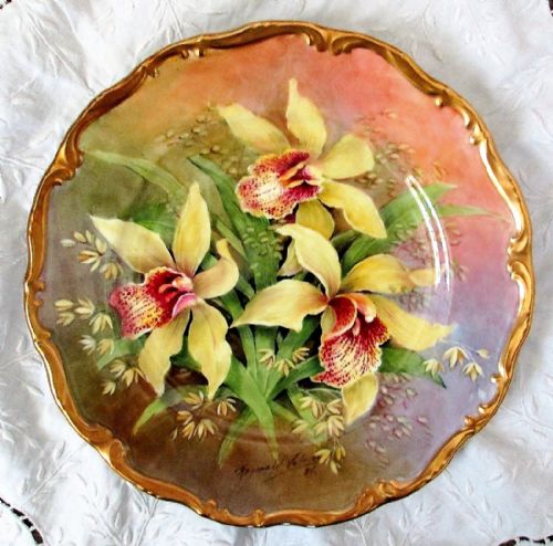 English Porcelain Cabinet Plate ~ "Orchids" ~ Reginald Johnson