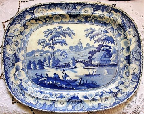 Antique English Victorian Blue and White Transfer "Wild Rose" Pattern Pottery Serving Dish / Platter