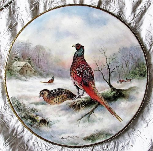 English Porcelain Cake / Cheese Stand ~ "Wintering Pheasants" ~ Reginald Johnson