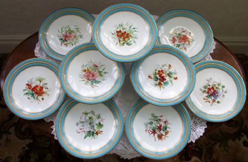 Antique English Victorian Semi - Porcelain Botanical Part Dessert Service by Grainger of Worcester