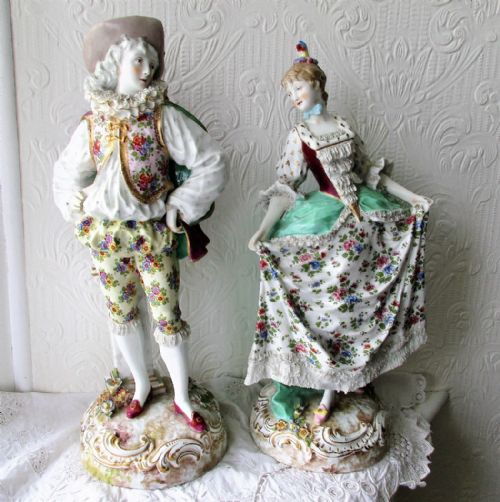 Pair of Antique "Dresden" Porcelain Figurines ~ "A Gallant and his Lady"
