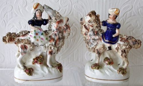 Pair of Antique English Victorian Staffordshire Pottery Royal Portrait Figures ~ "Prince of Wales and Princess Royal on Goats" ~ H 598 / H 599