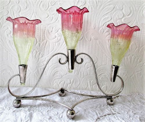 Antique English Victorian Vaseline Glass and Silver Plate Epergne