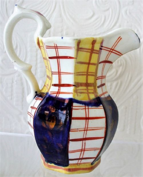 Antique Victorian Gaudy Welsh "Tartan" Pattern Pottery Jug