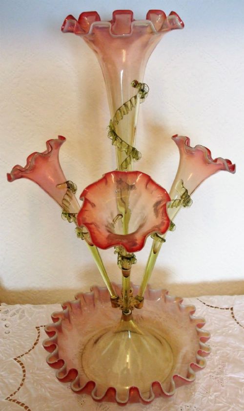 Antique English Victorian Pink Vaseline Glass Epergne