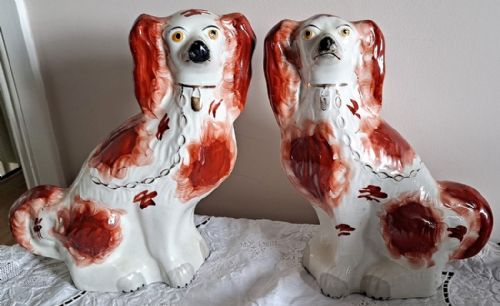 Pair of Antique English Victorian Staffordshire Pottery "Comforter" Spaniels ~ H 2454 / H 2455