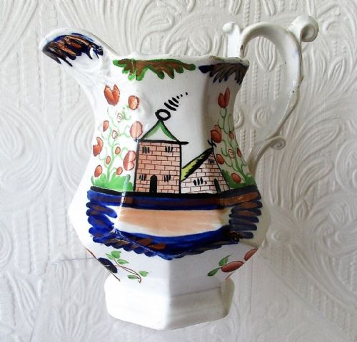 Antique Victorian Gaudy Welsh "Village" Pattern Pottery Jug