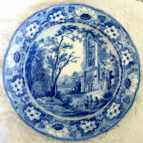 Antique English Georgian Blue and White Transfer "Rustic Scenes" Series ~ "Gothic Ruins" Pattern Pearlware Soup Plate ~ John Davenport of Longport