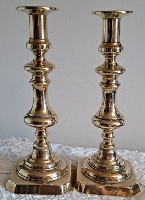 Pair of Antique English Late Georgian Brass Candlesticks