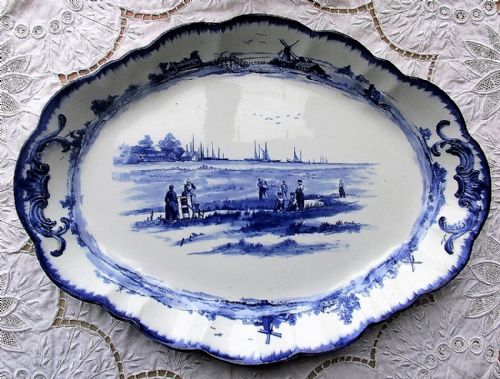 Antique English Victorian Doulton Burslem Blue and White "Norfolk" Pattern Pottery Serving Dish