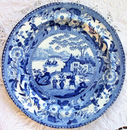 Antique English Georgian Blue and White Transfer "Chinese Flowering Pot" Pattern  Pottery Plate