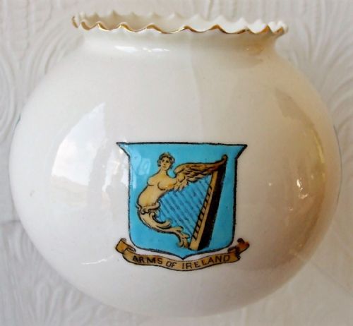 Antique W.H. Goss ~ Fairy Ball Vase ~ Crinkle Top ~ Arms of Ireland ~ Dublin, Badge of Ireland ~ Trinity College Dublin
