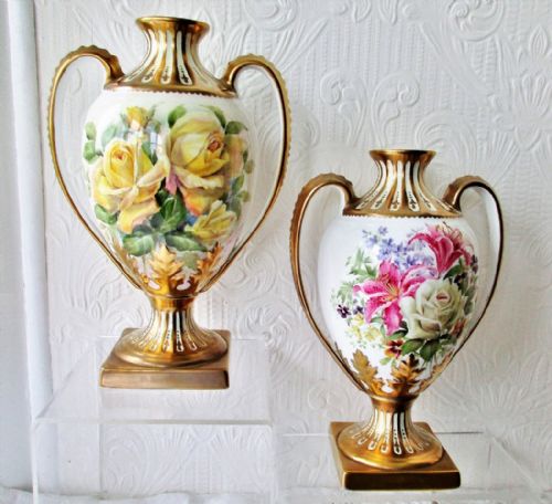 Pair of English Porcelain Hand-Painted and Gilded Vases ~ Botanical Decoration~ Reginald Johnson