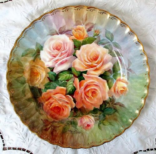 English Porcelain Cabinet Plate ~ "Peach Rose Bouquet" ~ Reginald Johnson