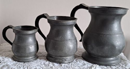 Set of three Antique English Victorian Pewter Baluster Measures ~ Gaskell & Chambers ~ Cotterell O.P. 1821
