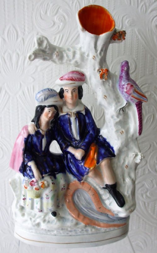 Antique English Victorian Staffordshire Pottery Pastoral Spill Vase Figure Group ~ H 2077a