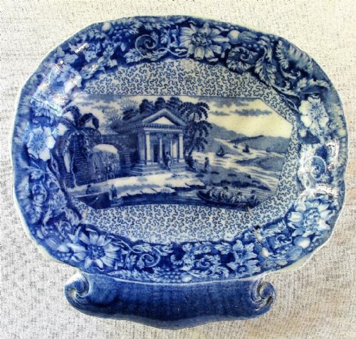 Antique English Georgian Blue and White Transfer "Palladian Porch" pattern Pottery Butter Dish