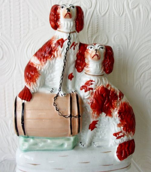 Antique English Victorian Staffordshire Pottery "Spaniels and Barrel" Figure ~ H 2594