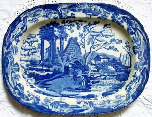 Antique English Georgian Blue and White Transfer "Classical Ruins" Pattern Pottery Dish ~ Thomas Lakin of Stoke