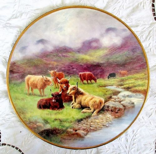 English Porcelain Cake / Cheese Stand ~ "Highland Cattle I of II" ~ Reginald Johnson