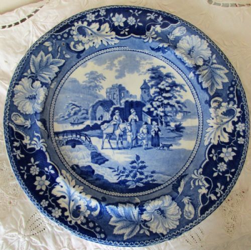 Antique English Georgian Blue and White Transfer "Family and Mule" Plate