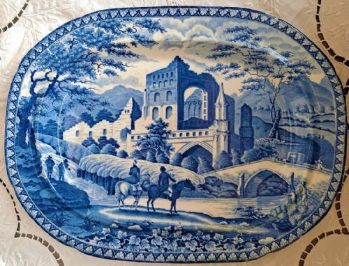 Antique English Georgian Blue & White Transfer "Gothic Ruins" Platter