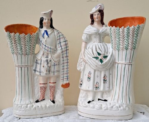 Pair of Antique English Victorian Staffordshire Pottery  "Scots Harvesters" Spill Vases
