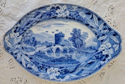 Antique English Georgian Blue and White "Bridge of Lucano" Pottery Sauce Tureen Stand ~ Spode