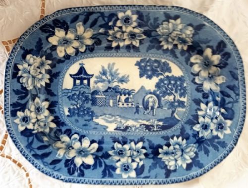 Antique English Georgian Blue and White Transfer "Elephant" Pattern Pottery Platter ~ John Rogers & Son