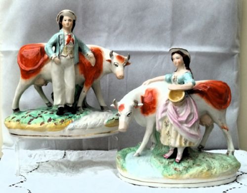 Pair of Victorian Staffordshire Figures ~ "Milkman & Milkmaid"