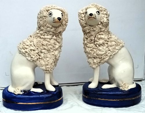 Pair of Antique Victorian Staffordshire Seated Poodles
