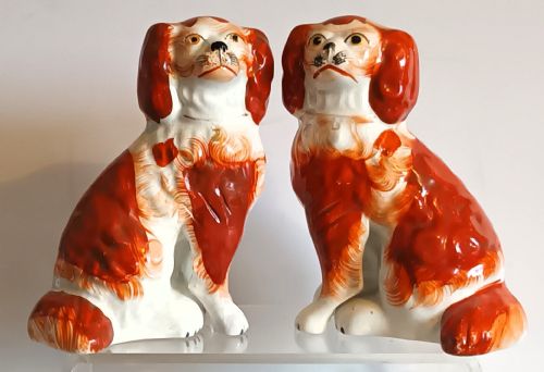 Pair of Antique English Victorian Staffordshire Pottery Spaniels