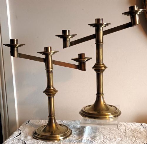 Pair of Antique English Victorian Brass Altar Candelabra