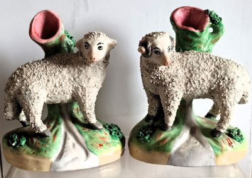 Pair of Antique English Victorian Staffordshire Pottery Sheep