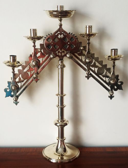 fig 1. An English Victorian brass five-light articulated candelabra with an adjustable gear mechanism and Gothic pierced arms.