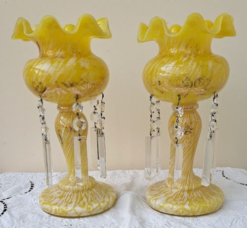 PAIR OF ANTIQUE ENGLISH VICTORIAN YELLOW GLASS LUSTRES