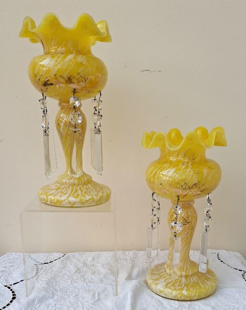 PAIR OF ANTIQUE ENGLISH VICTORIAN YELLOW GLASS LUSTRES - ADDITIONAL PHOTO 1