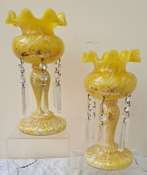 PAIR OF ANTIQUE ENGLISH VICTORIAN YELLOW GLASS LUSTRES - ADDITIONAL PHOTO 2
