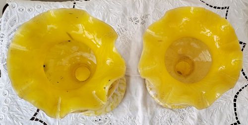 PAIR OF ANTIQUE ENGLISH VICTORIAN YELLOW GLASS LUSTRES - ADDITIONAL PHOTO 3