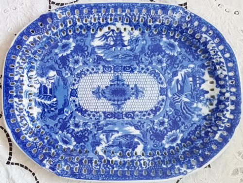 Antique English Georgian Blue and White Transfer Pierced "Net" Pattern Serving Dish / Platter