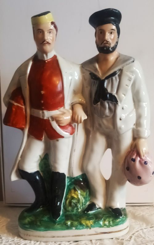 Antique English Victorian Staffordshire Pottery Figure ~ "Companions in Arms" ~ H 4116