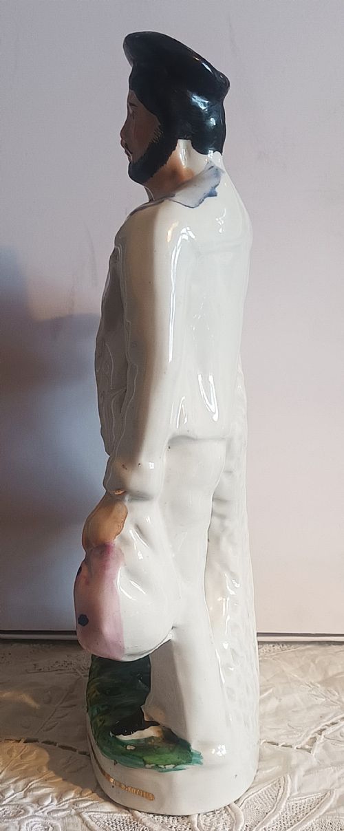 fig 1. Victorian Staffordshire pottery flatback figure depicting a soldier in a red tunic and a sailor in a white uniform standing together on a moulded green base.